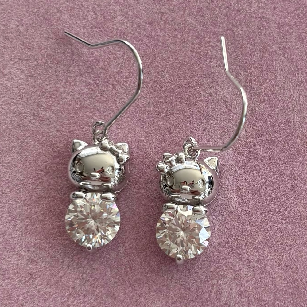 Hello Kitty Moissanite Sterling Silver Dangle Earrings